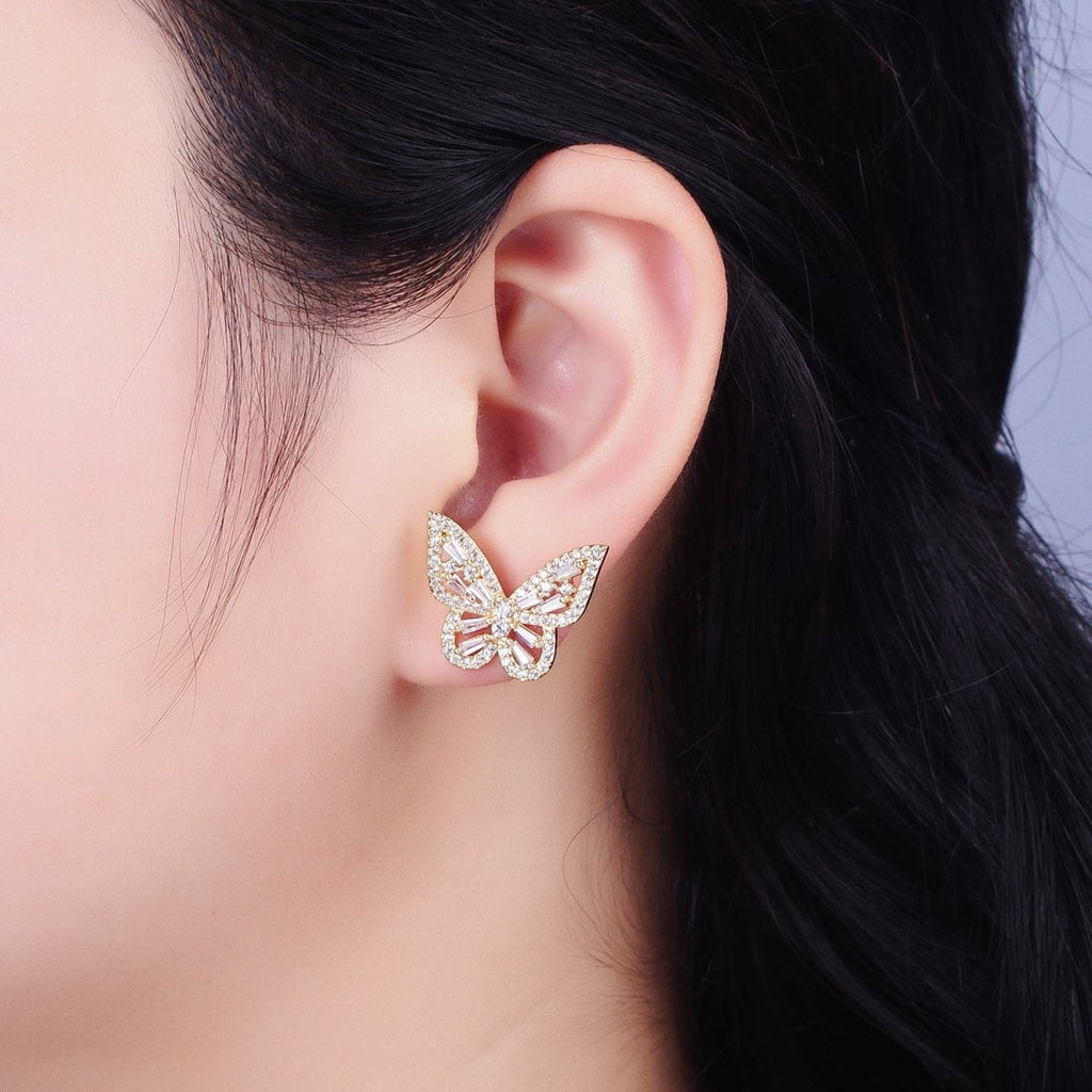 Gold, Silver Butterfly Mariposa Open Baguette Micro Paved CZ Wings Stud Earrings | AB-673 AD-425