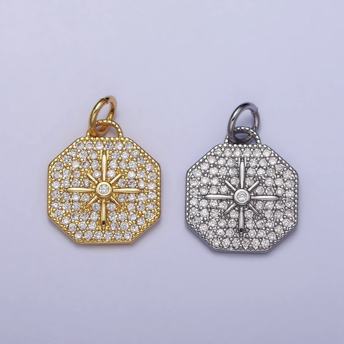 Gold, Silver Celestial North Star Micro Paved CZ Octagonal Charm | X114 AC1033