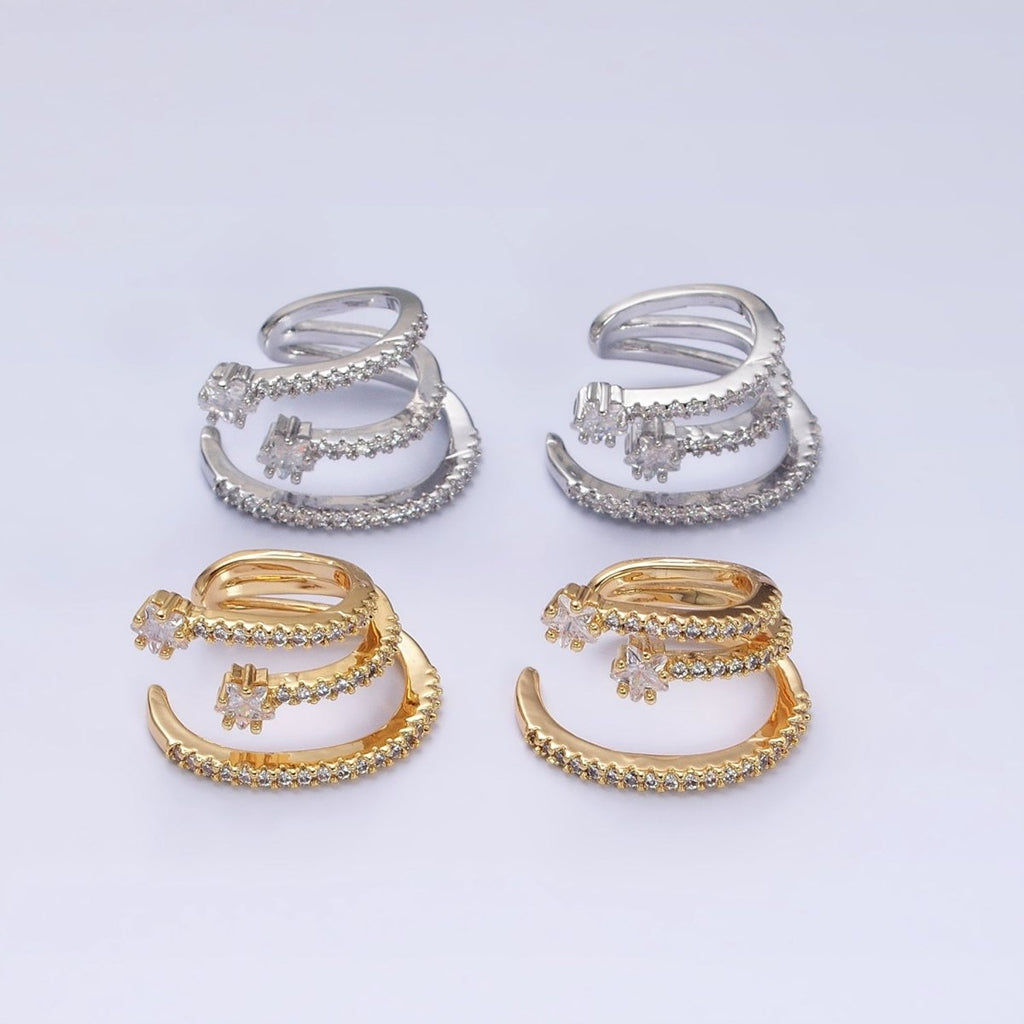 16K Gold plated Celestial Star Triple Micro Paved CZ Claw Cuff Earrings in Gold & Silver | AB941 AB931