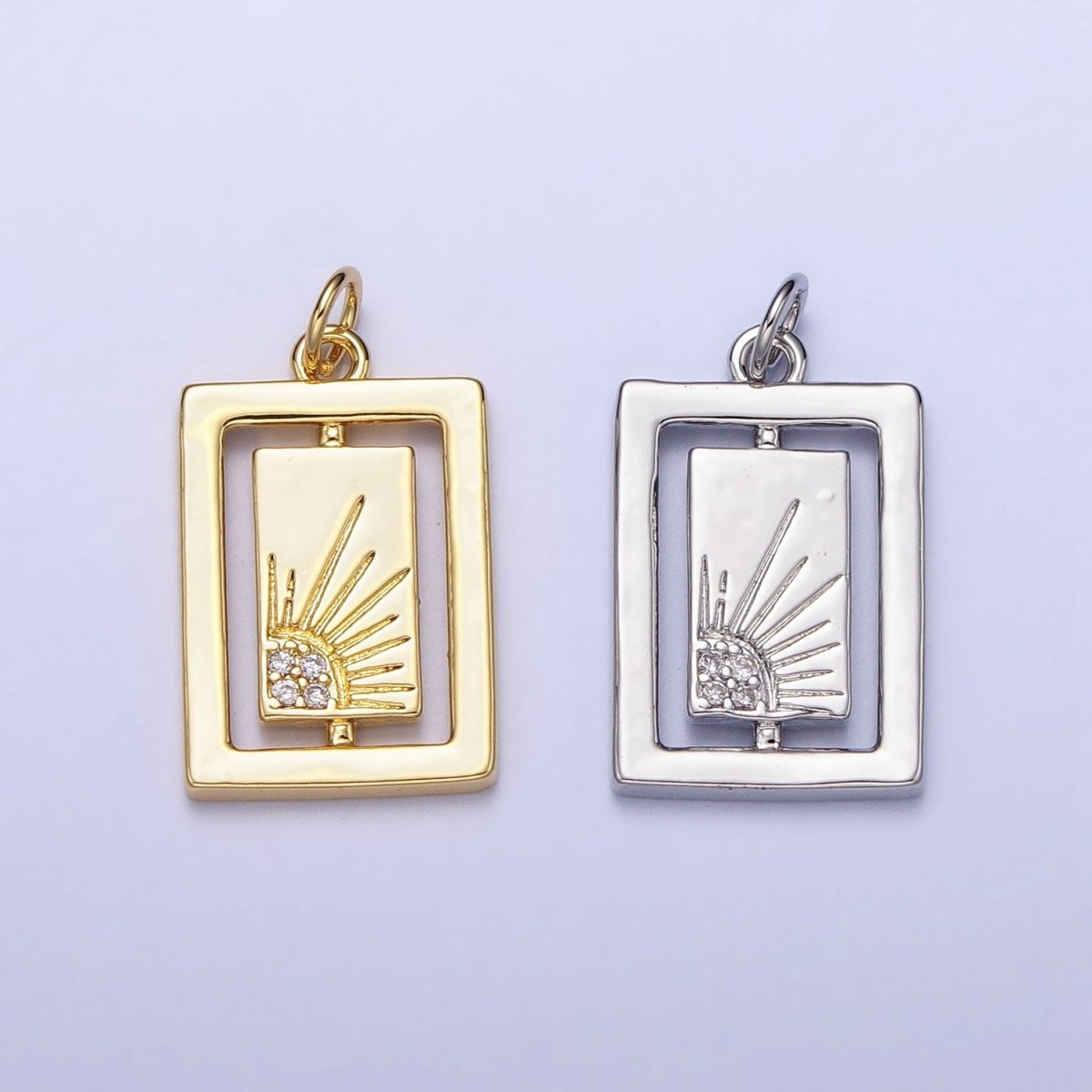 Gold, Silver Celestial Sun Micro Paved CZ Double Rectangular Tag Charm | AC406 AC407
