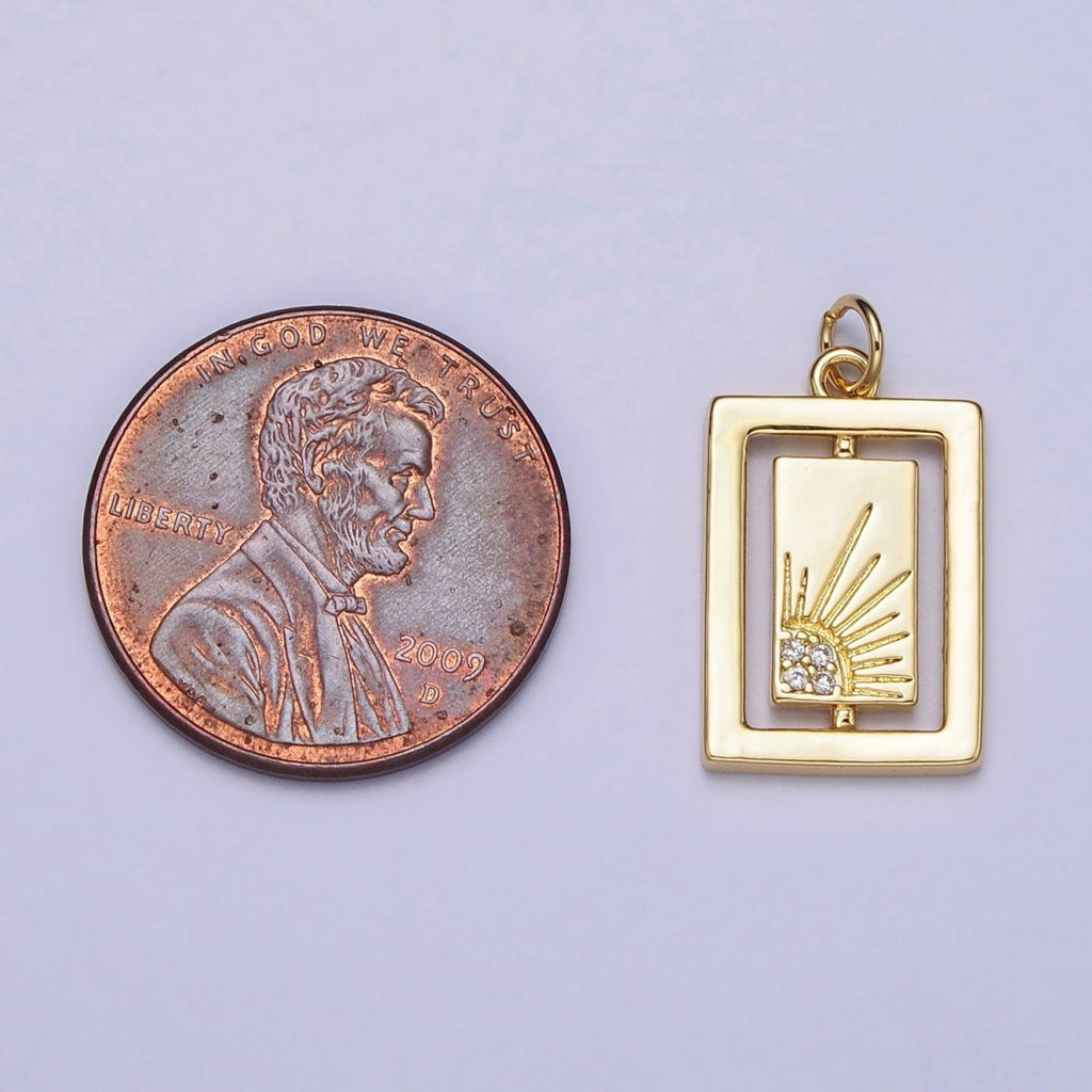 Gold, Silver Celestial Sun Micro Paved CZ Double Rectangular Tag Charm | AC406 AC407