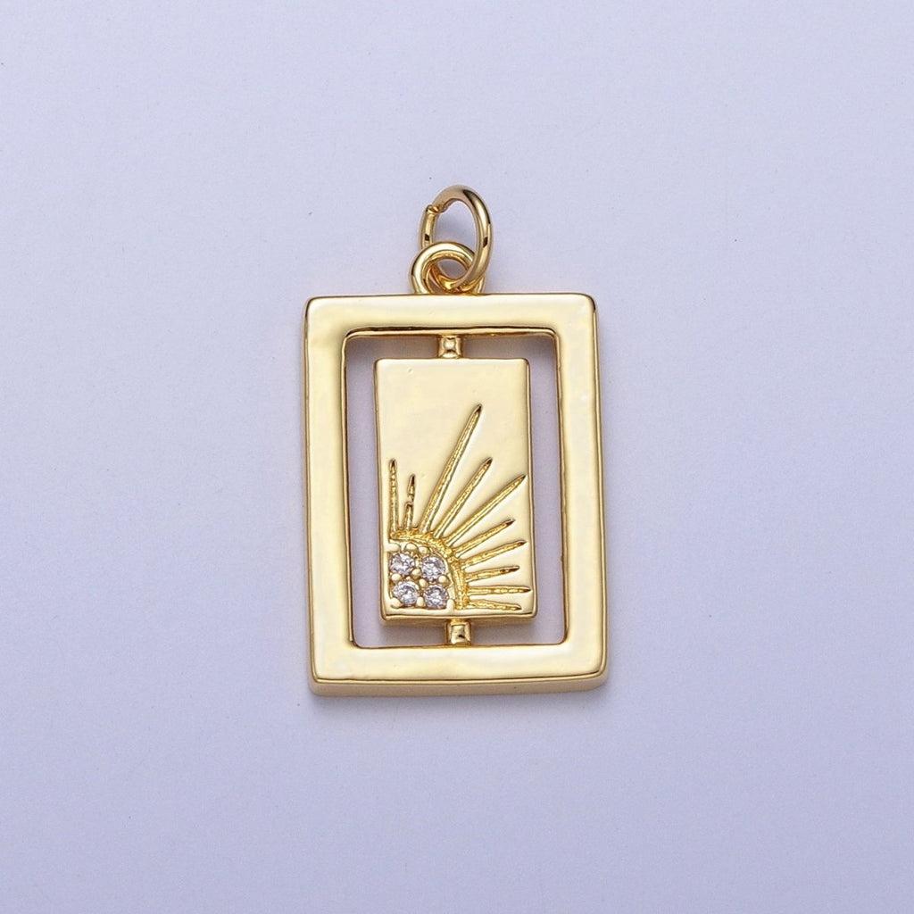 Gold, Silver Celestial Sun Micro Paved CZ Double Rectangular Tag Charm | AC406 AC407