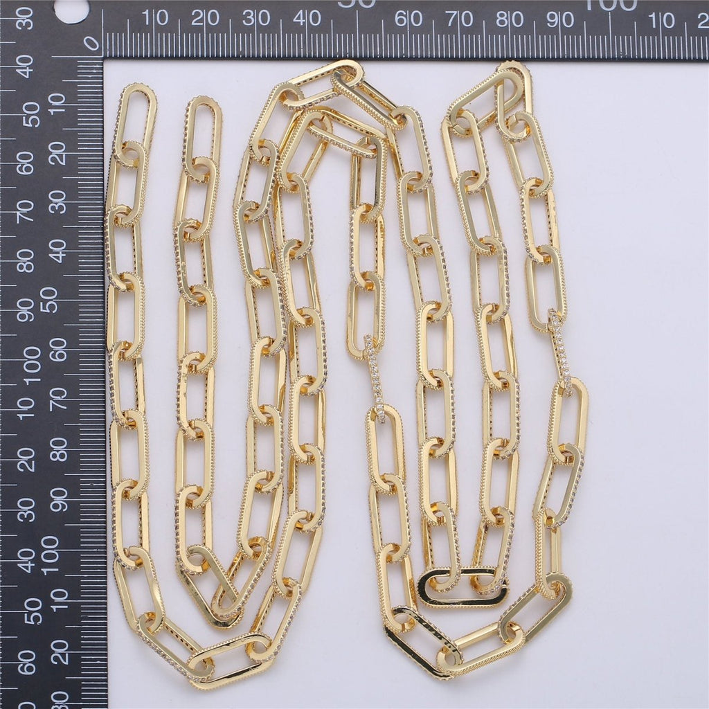 Gold Silver Chunky Micro Pave Necklace Chunky CZ Diamond Thick Elongated PAPERCLIP Chain by Meter in 24K Gold plated for Jewelry Supply | WA1365 Clearance Pricing