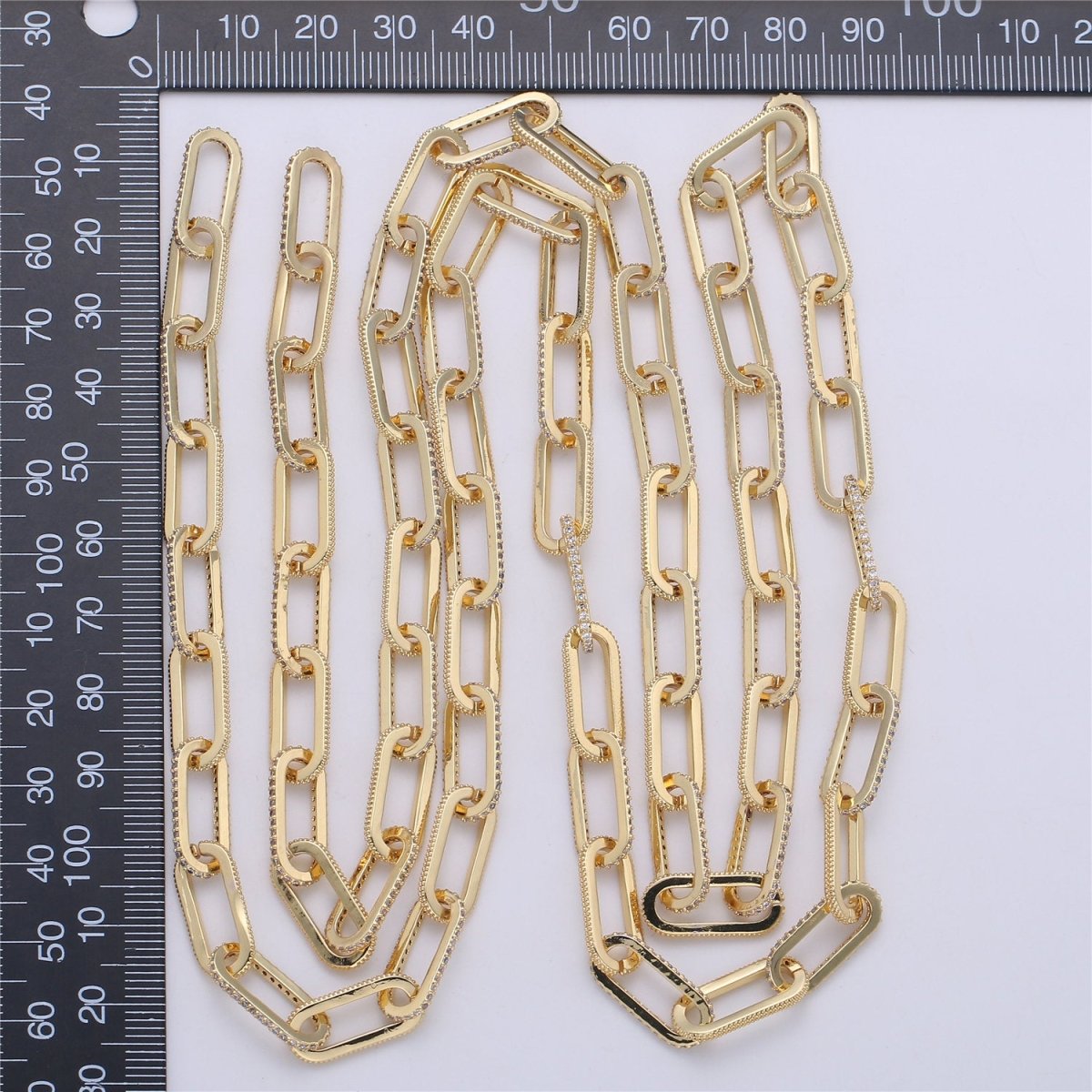 Gold Silver Chunky Micro Pave Necklace Chunky CZ Diamond Thick Elongated PAPERCLIP Chain by Meter in 24K Gold plated for Jewelry Supply | WA1365 Clearance Pricing