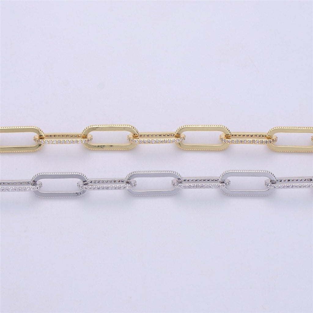 Gold Silver Chunky Micro Pave Necklace Chunky CZ Diamond Thick Elongated PAPERCLIP Chain by Meter in 24K Gold plated for Jewelry Supply | WA1365 Clearance Pricing