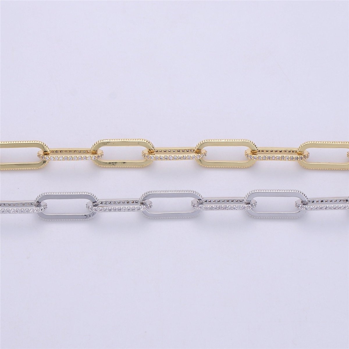 Gold Silver Chunky Micro Pave Necklace Chunky CZ Diamond Thick Elongated PAPERCLIP Chain by Meter in 24K Gold plated for Jewelry Supply | WA1365 Clearance Pricing