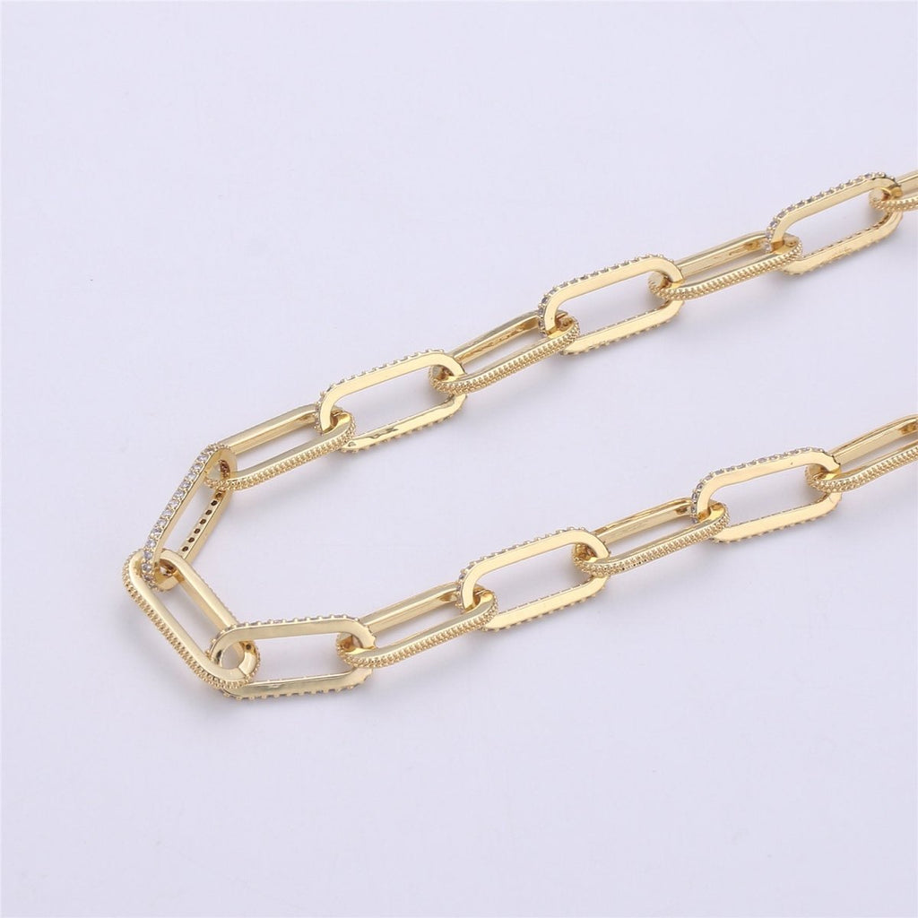 Gold Silver Chunky Micro Pave Necklace Chunky CZ Diamond Thick Elongated PAPERCLIP Chain by Meter in 24K Gold plated for Jewelry Supply | WA1365 Clearance Pricing
