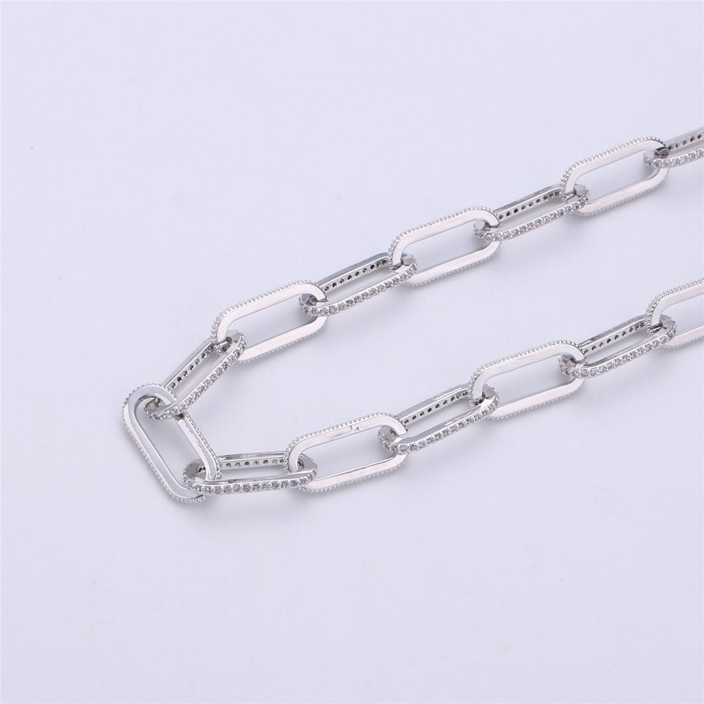 Gold Silver Chunky Micro Pave Necklace Chunky CZ Diamond Thick Elongated PAPERCLIP Chain by Meter in 24K Gold plated for Jewelry Supply | WA1365 Clearance Pricing