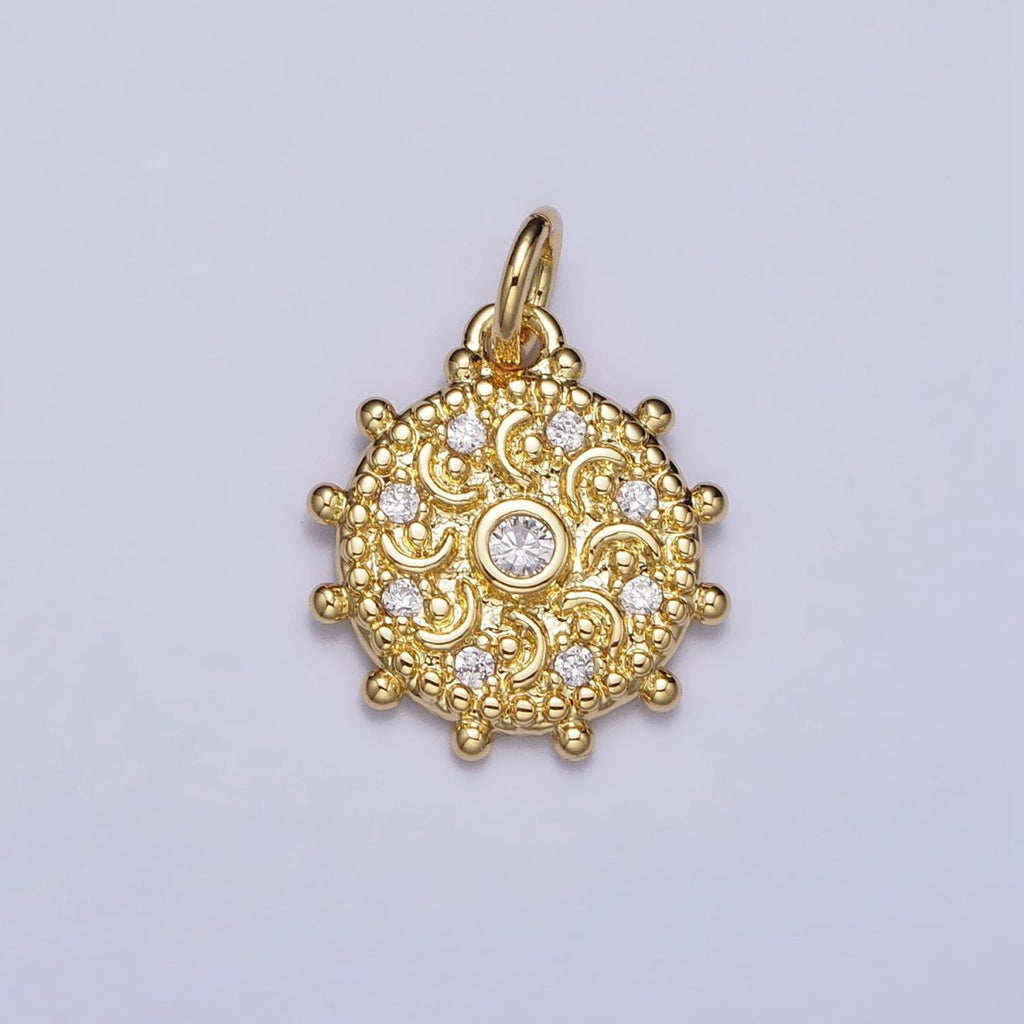 Gold, Silver Clear CZ Celestial Crescent Moon Textured Dotted Outline Charm | AC973 AC1009