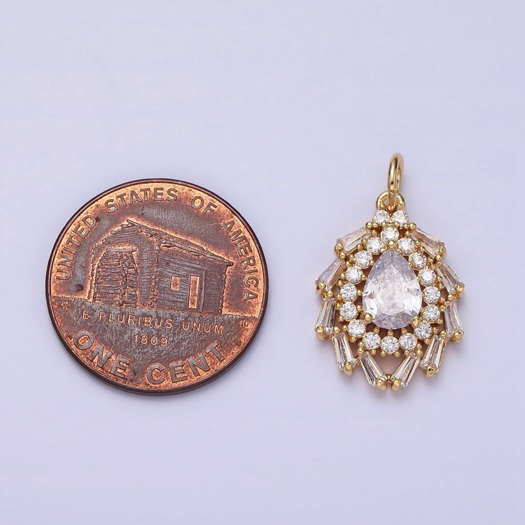 Gold, Silver Clear Teardrop CZ Round Baguette Lined Charm | AC496 AC497