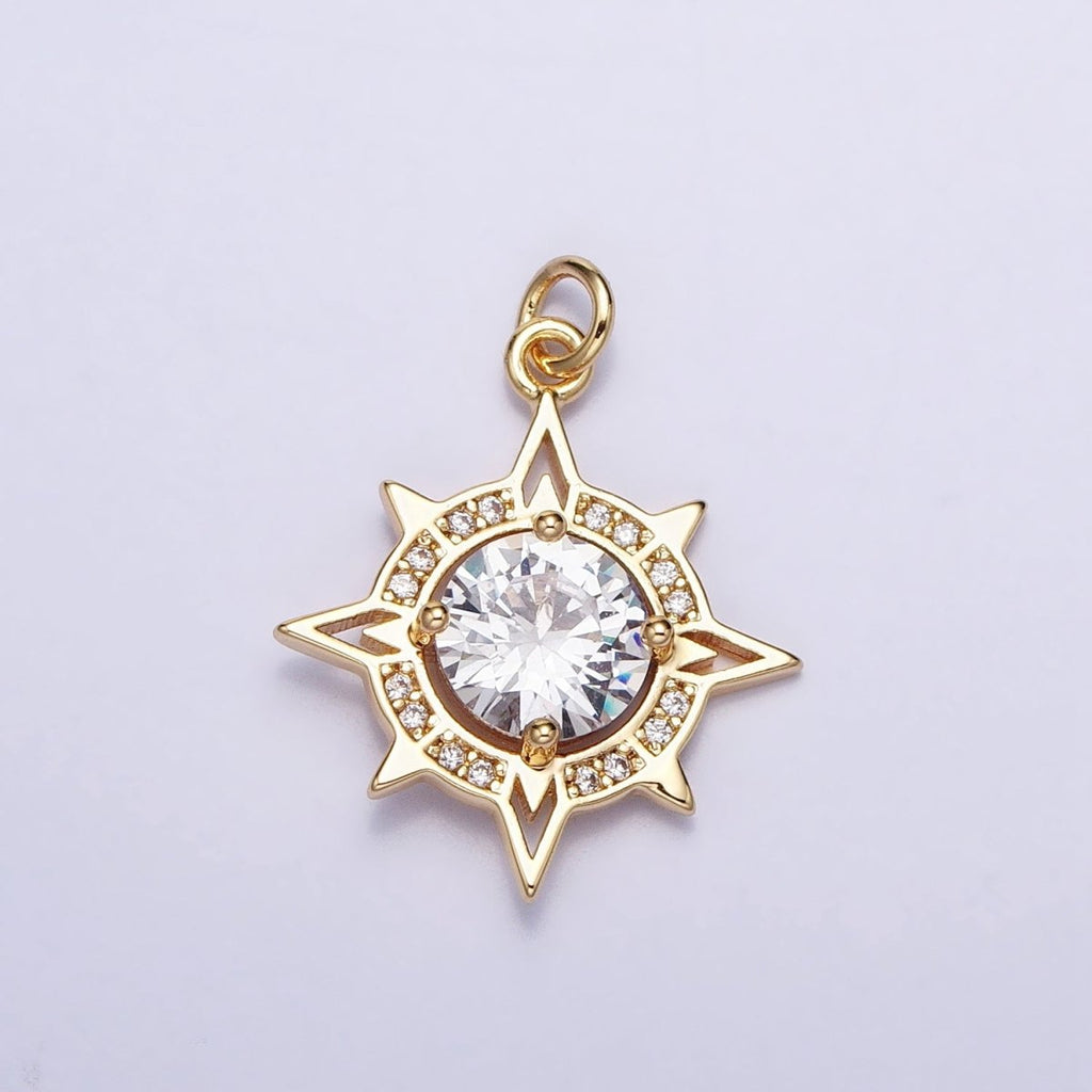 Gold, Silver Compass Celestial Sun Round Clear CZ Charm | AC385 AC386 - DLUXCA