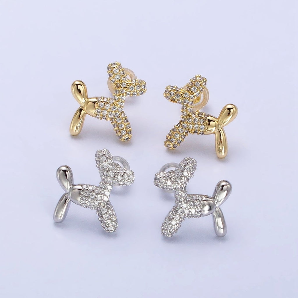 Gold, Silver Dog Balloon Bubble Animal Micro Paved CZ Stud Earrings | AB560 AB561