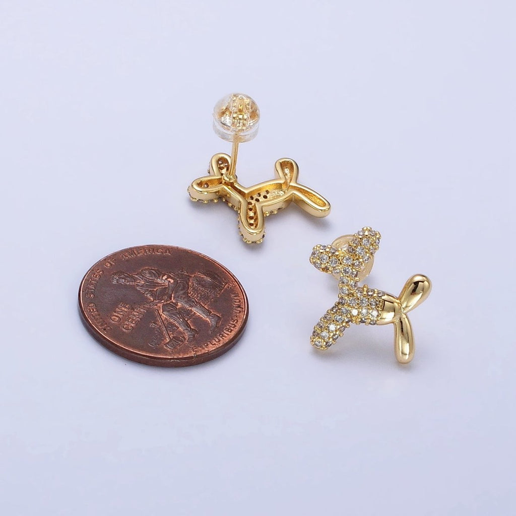 Gold, Silver Dog Balloon Bubble Animal Micro Paved CZ Stud Earrings | AB560 AB561