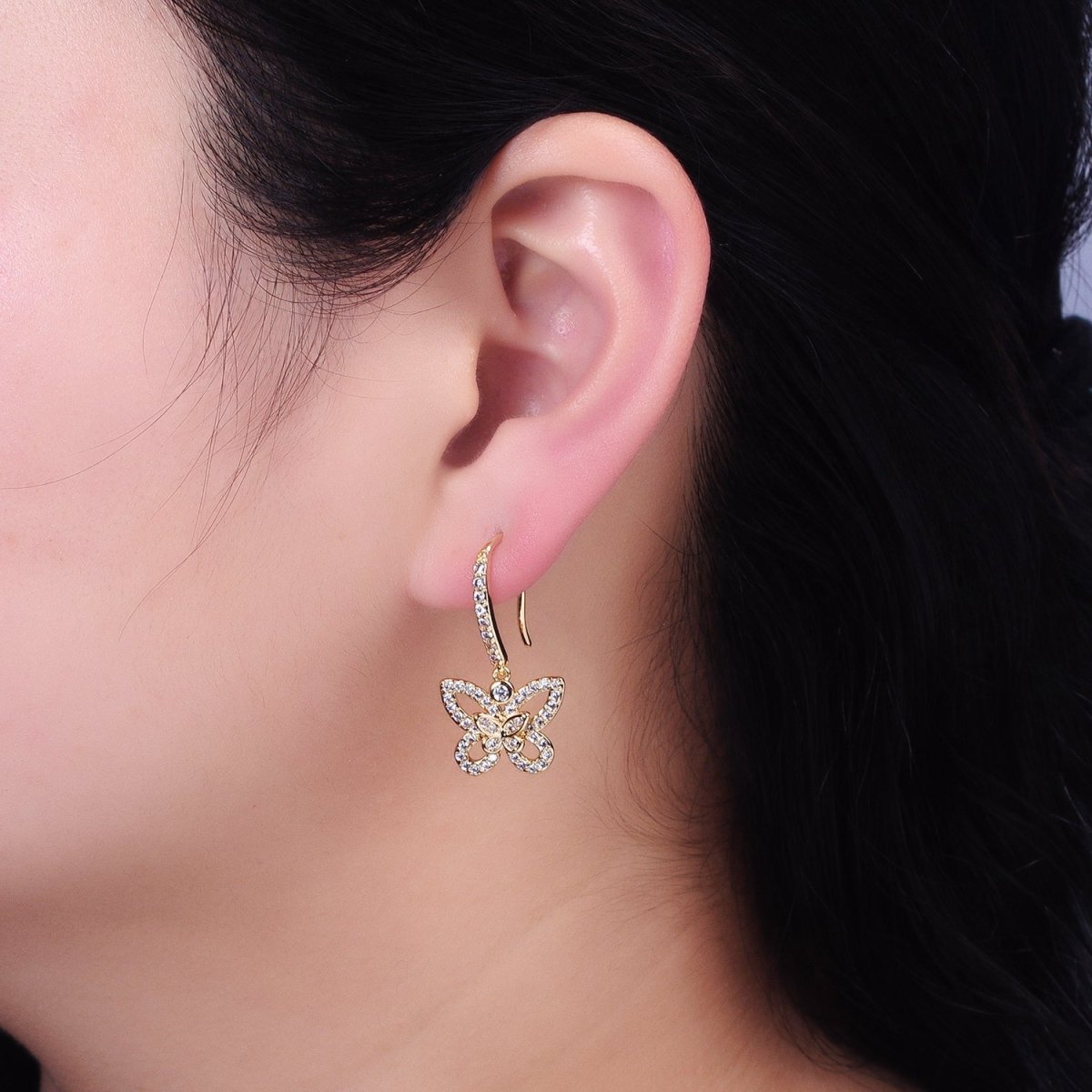 Gold, Silver Double Butterfly Mariposa Clear Micro Paved CZ French Hook Earrings | AB576 AB577