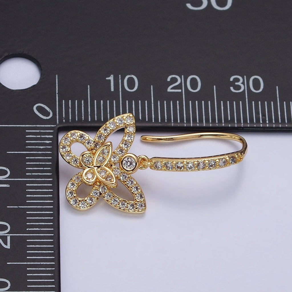 Gold, Silver Double Butterfly Mariposa Clear Micro Paved CZ French Hook Earrings | AB576 AB577