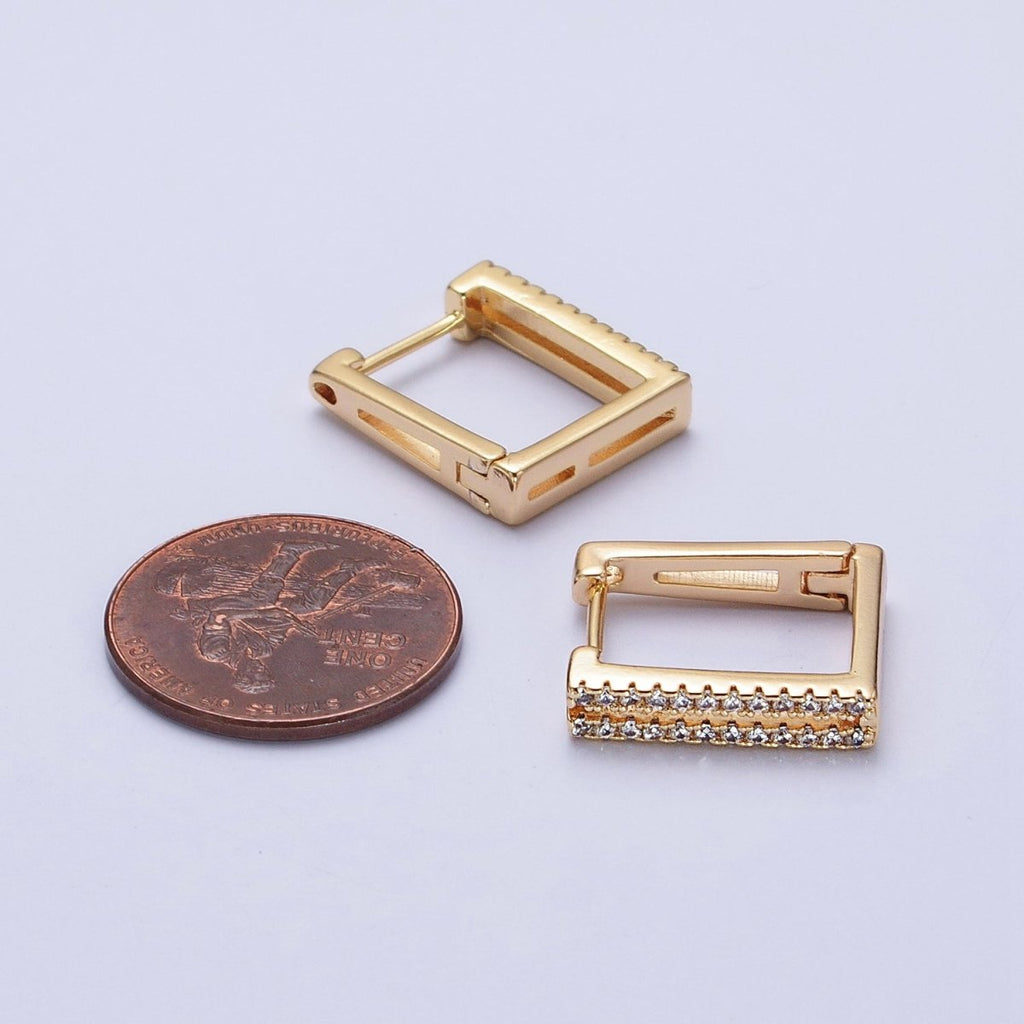 Gold, Silver Double Micro Paved CZ Lined Square Geometric Hoop Earrings | AB478 AB487