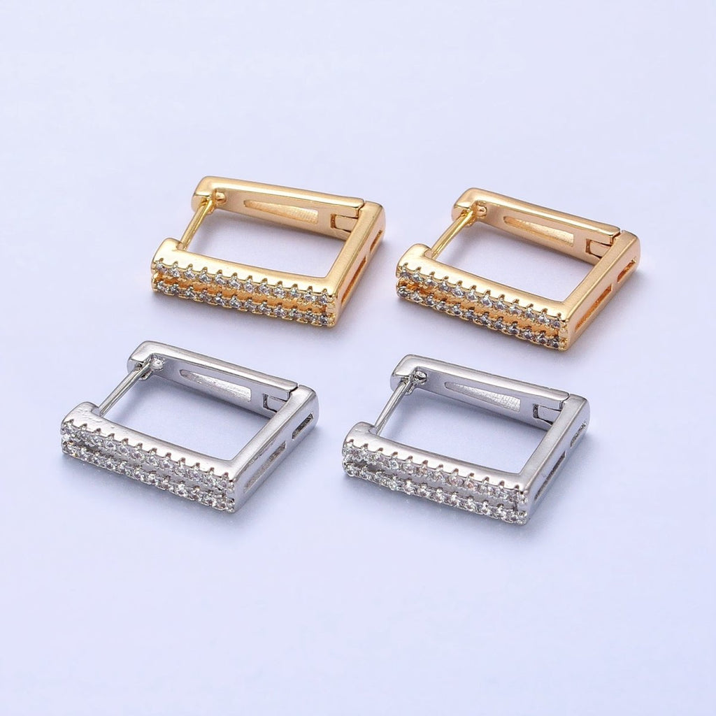 Gold, Silver Double Micro Paved CZ Lined Square Geometric Hoop Earrings | AB478 AB487