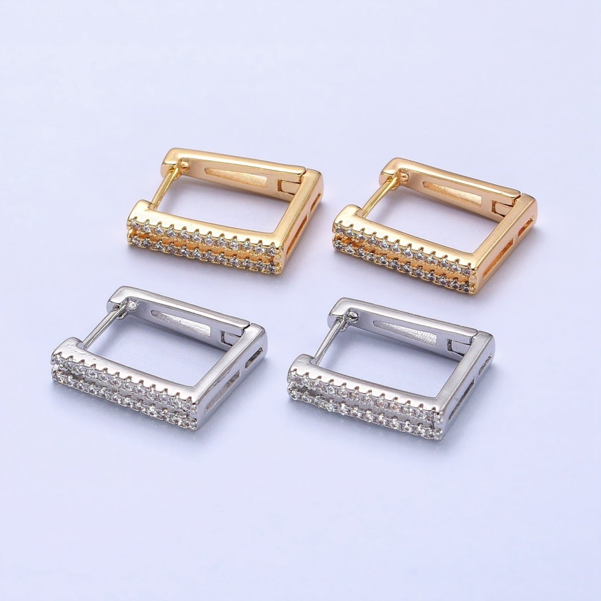 Gold, Silver Double Micro Paved CZ Lined Square Geometric Hoop Earrings | AB478 AB487