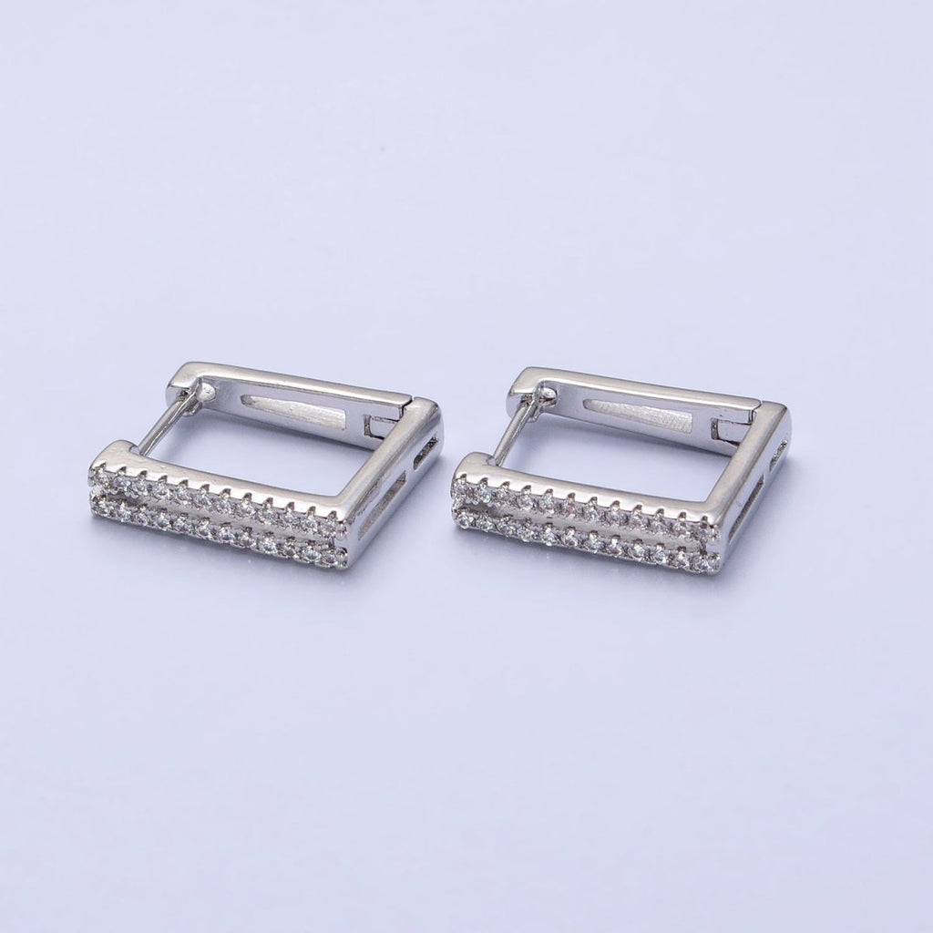 Gold, Silver Double Micro Paved CZ Lined Square Geometric Hoop Earrings | AB478 AB487