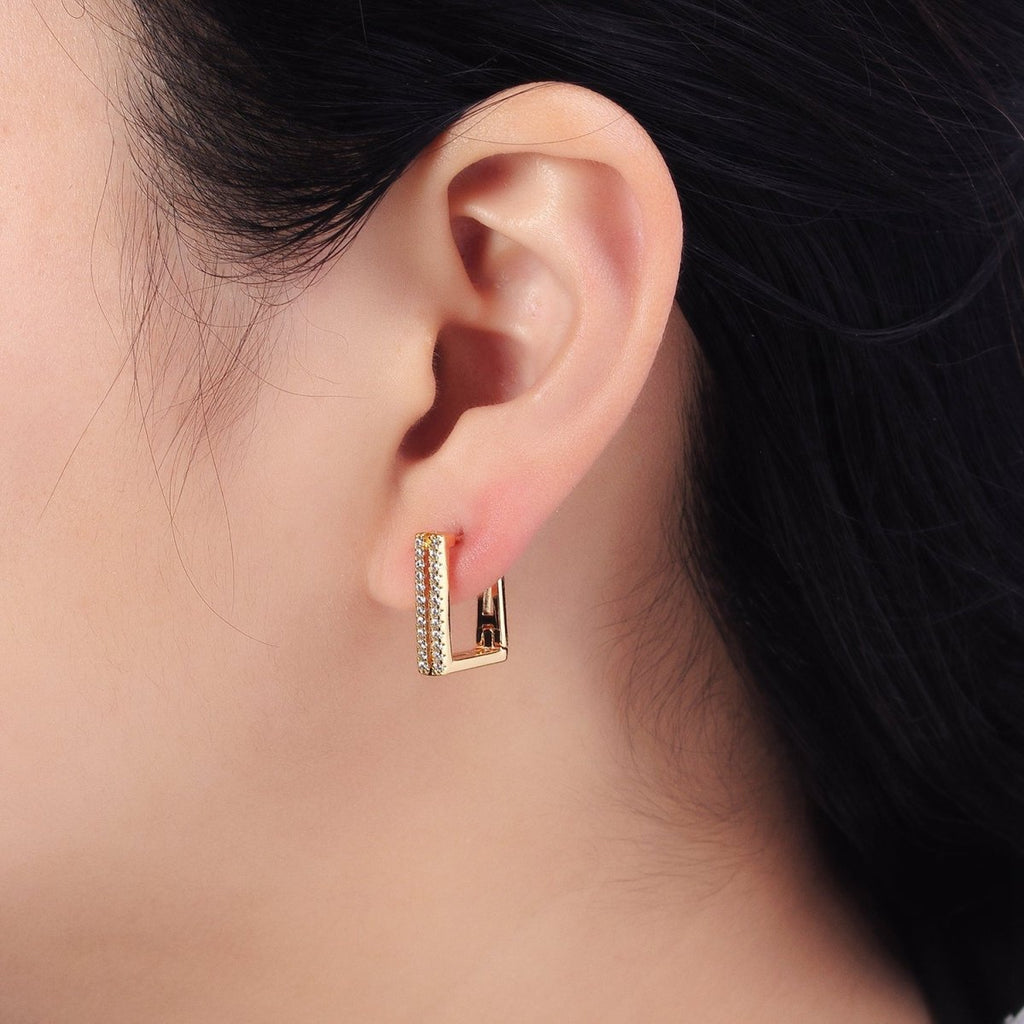 Gold, Silver Double Micro Paved CZ Lined Square Geometric Hoop Earrings | AB478 AB487