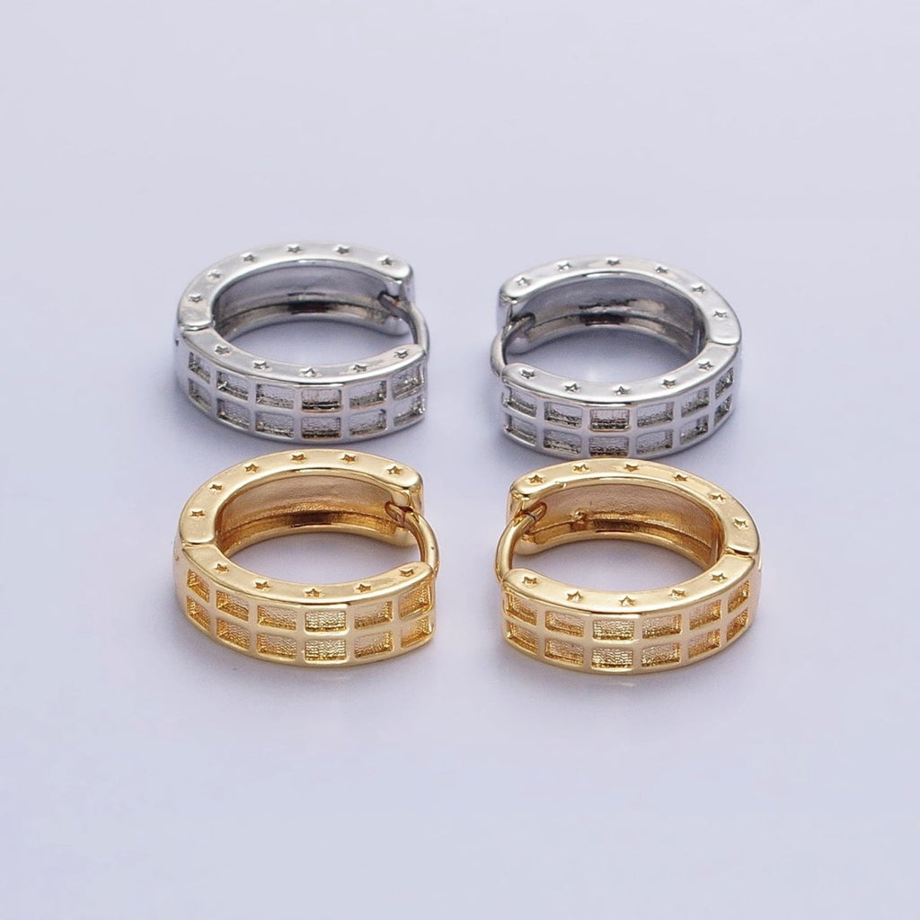 Gold, Silver Double Wide Rectangular Celestial Star Pressed 13mm Huggie Earrings | AB970 AB971