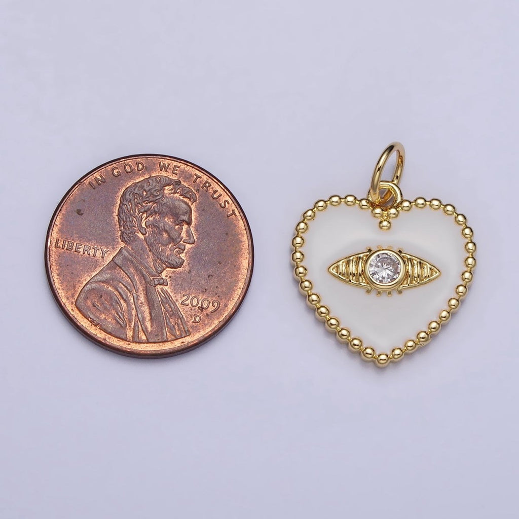 Gold, Silver Evil Eye Clear CZ White Enamel Beaded Heart Charm | AC999 AC1000