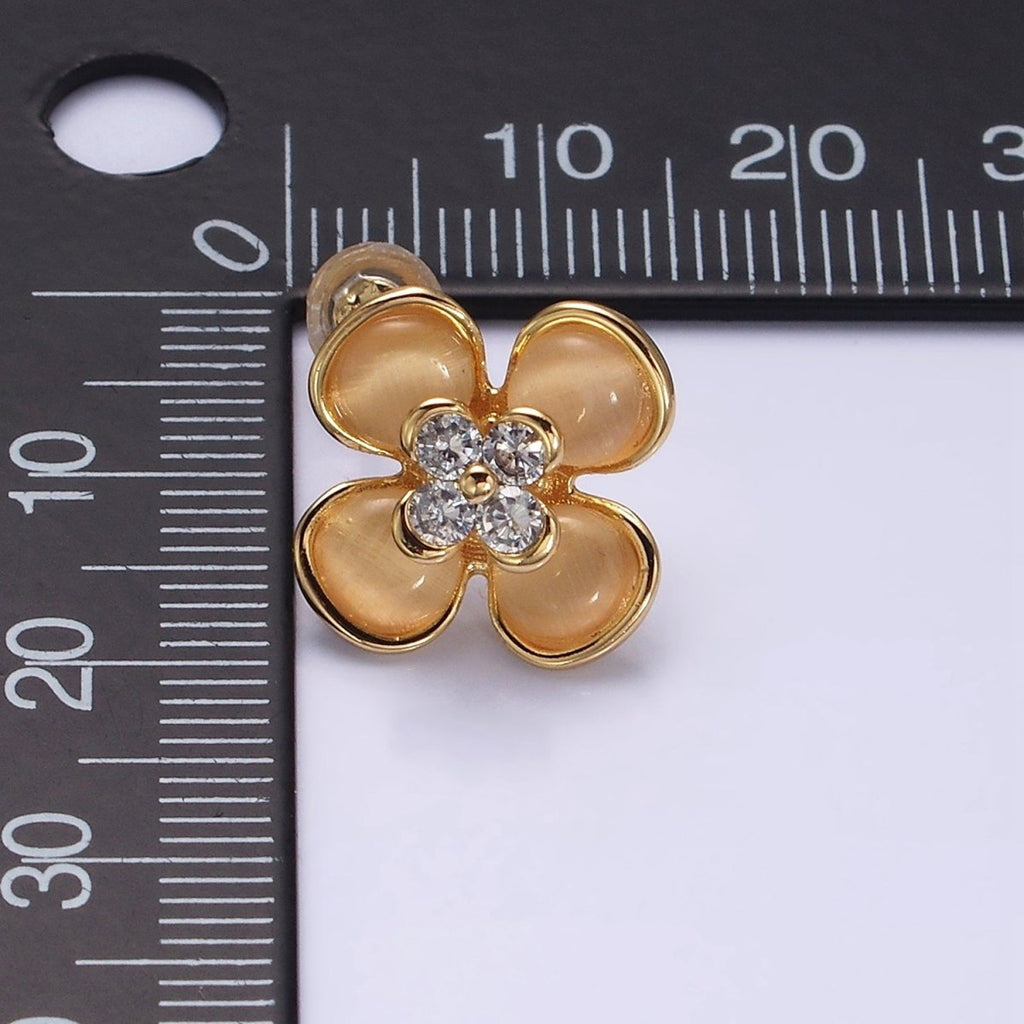 Gold, Silver Flower Cats Eye Gemstone Micro Paved CZ Stud Earrings | AD954 AD955 - DLUXCA