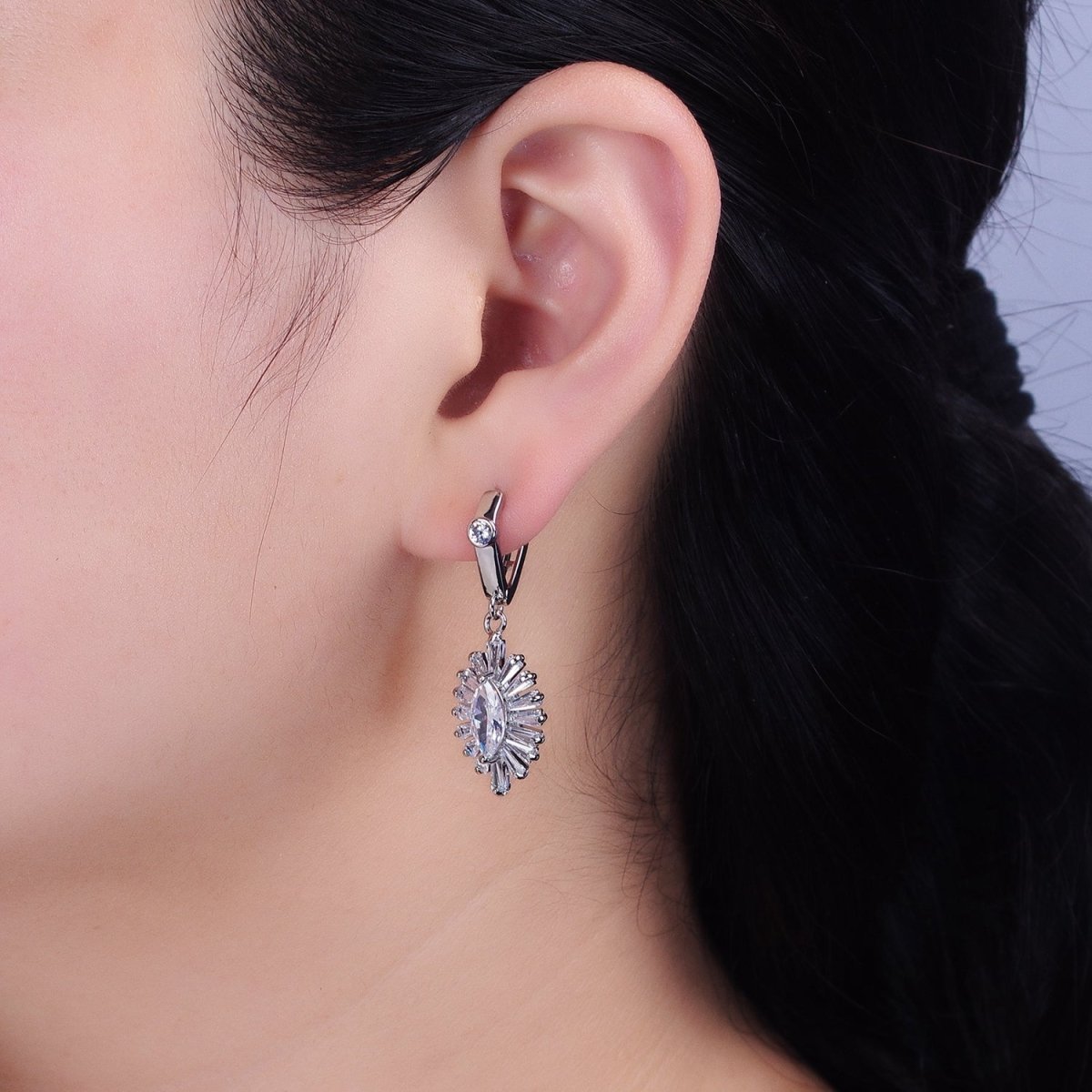 Gold, Silver Geometric Marquise Baguette Drop CZ Diamond Rhombus Huggie Earrings | AD806 AD807