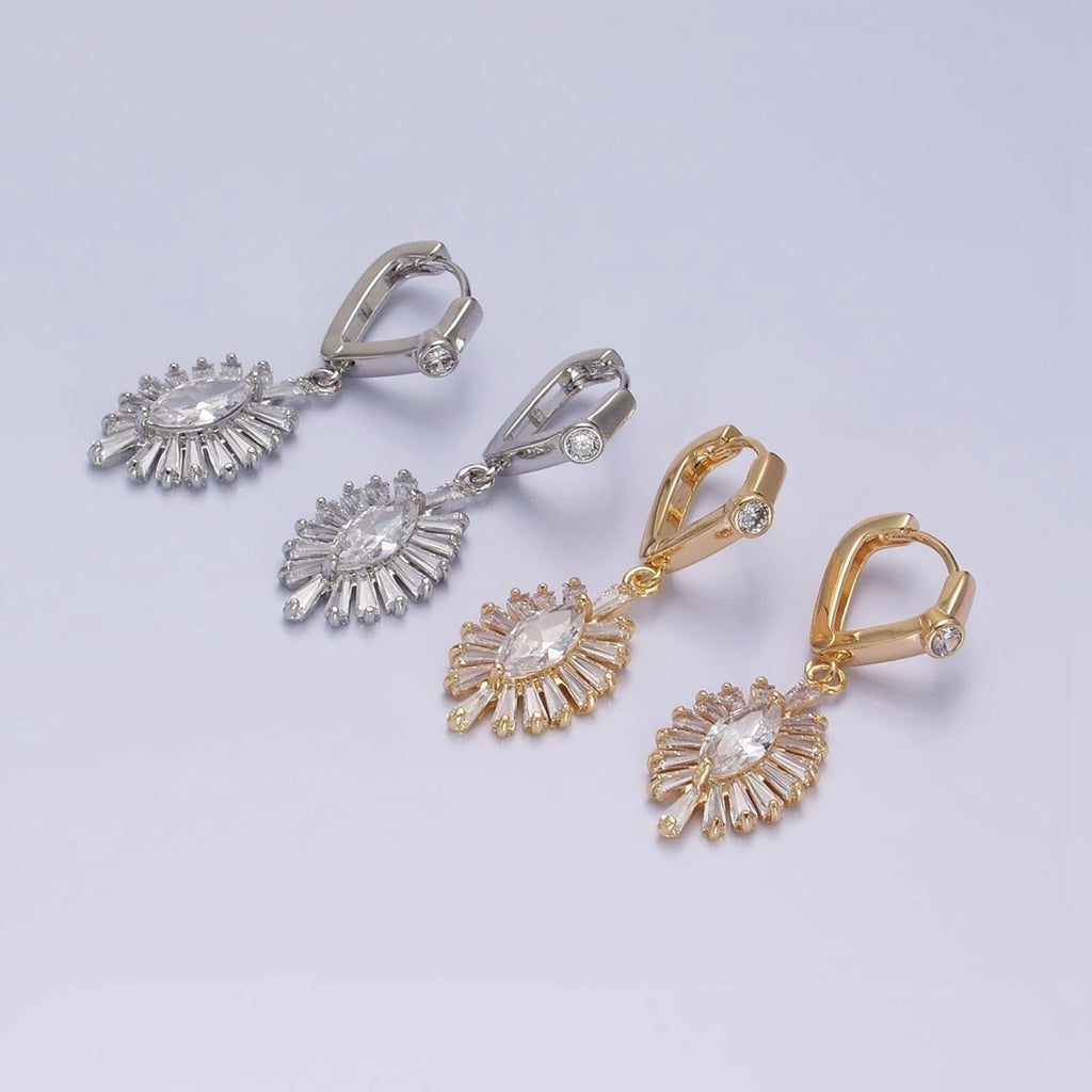 Gold, Silver Geometric Marquise Baguette Drop CZ Diamond Rhombus Huggie Earrings | AD806 AD807