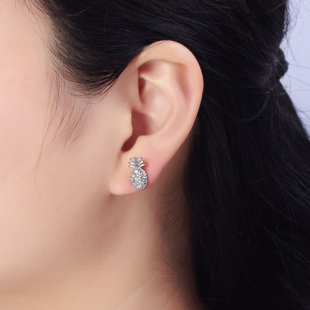 Gold, Silver Micro Paved Clear CZ Pineapple Summer Fruit Stud Earrings | AB364 AB365
