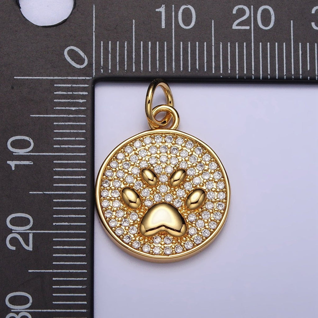 Gold, Silver Micro Paved CZ Animal Pet Pawprint Round Charm | AC1005 AC1006 - DLUXCA