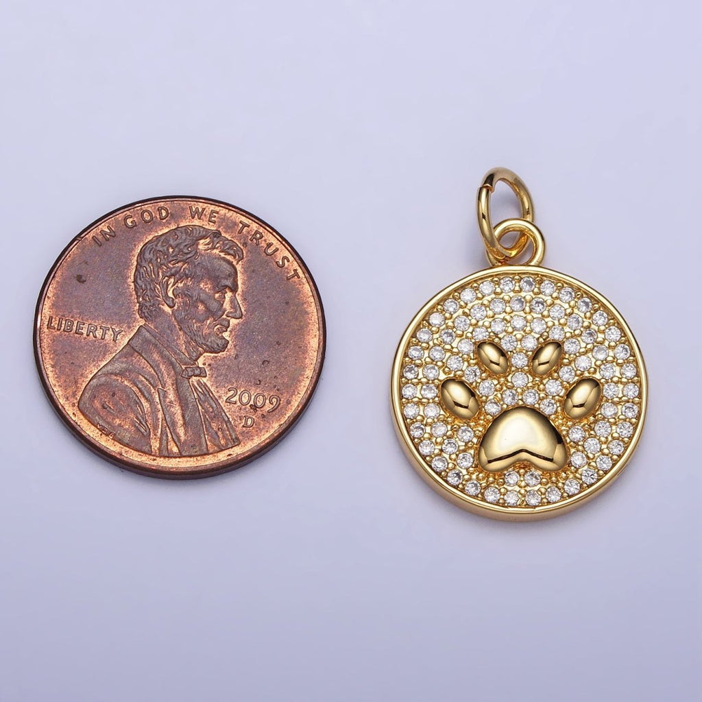 Gold, Silver Micro Paved CZ Animal Pet Pawprint Round Charm | AC1005 AC1006 - DLUXCA