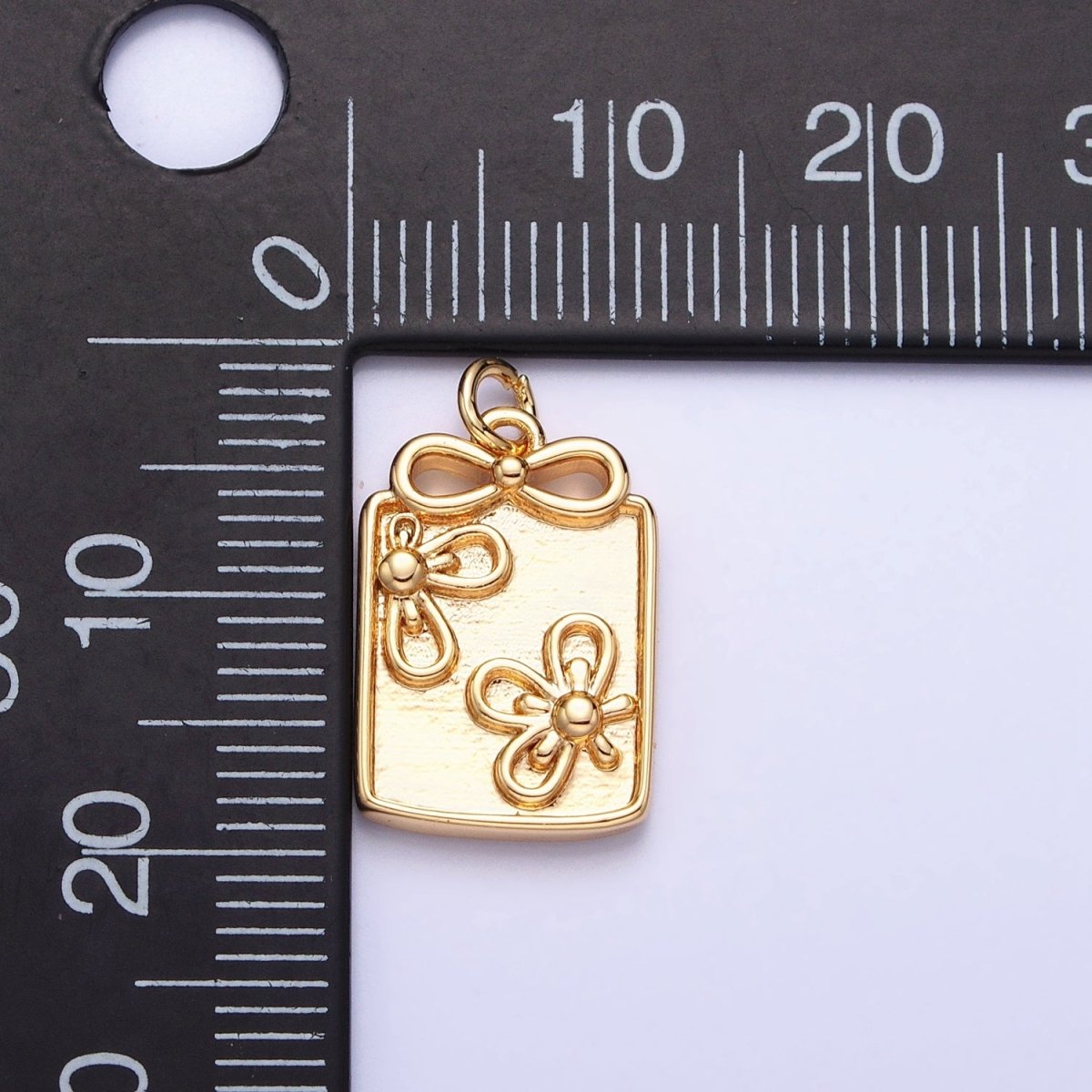 Gold, Silver Nature Flower Ribbon Bow Rectangular Tag Charm | AC387 AC388