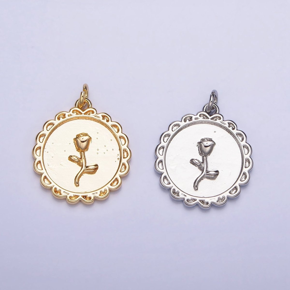 Gold, Silver Nature Rose Flower Round Charm | AC687 AC688