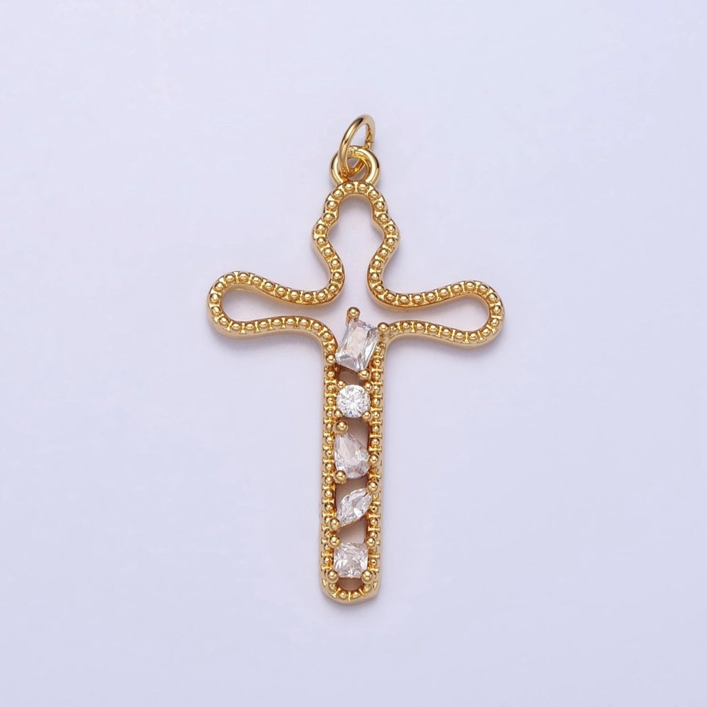 Gold, Silver Religious Beaded Abstract Wiggly Cross Clear CZ Cubic Zirconia  Charm E-417 N-279