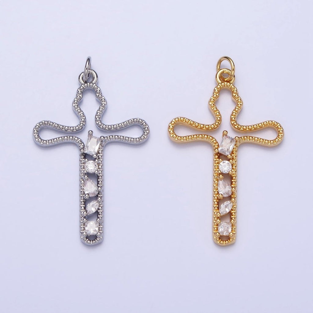 Gold, Silver Religious Beaded Abstract Wiggly Cross Clear CZ Cubic Zirconia  Charm E-417 N-279