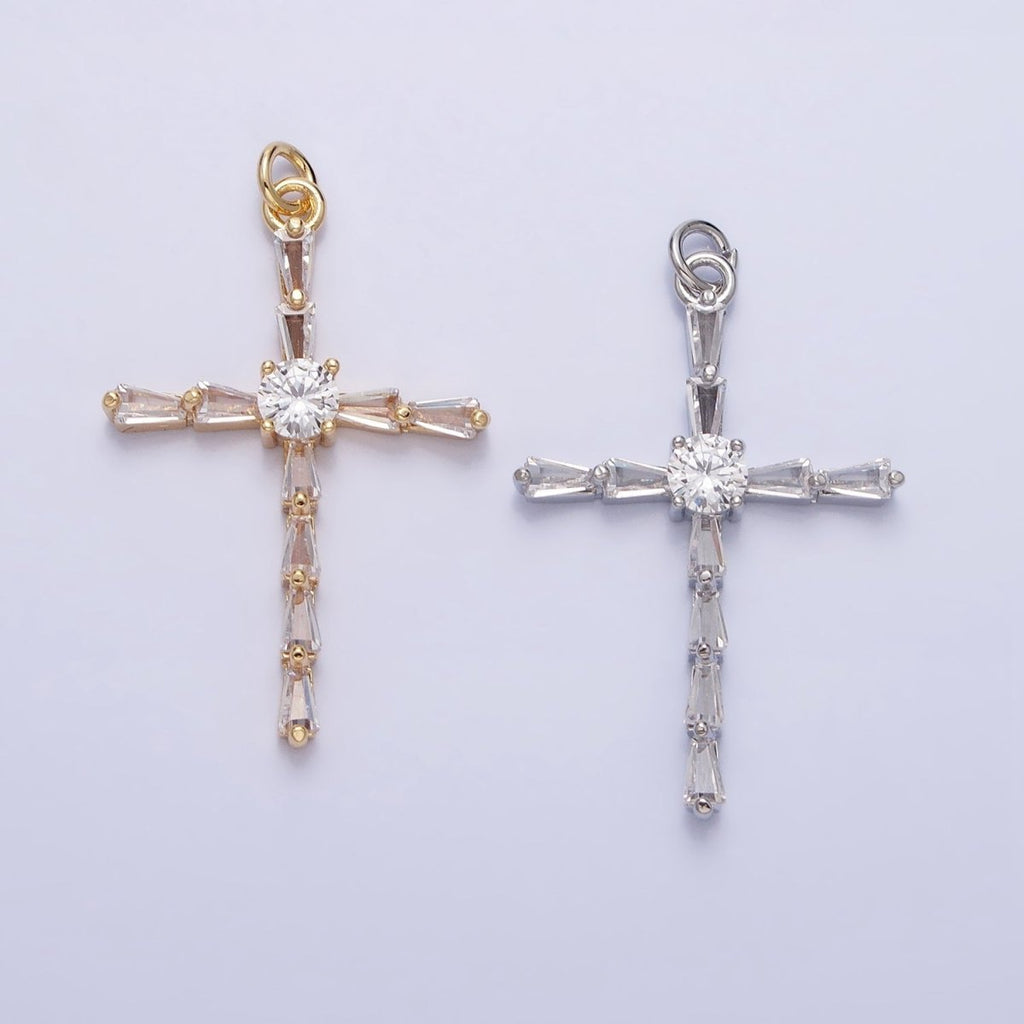 Gold, Silver Religious Latin Cross Triangle Baguette CZ Charm | AC735 AC736