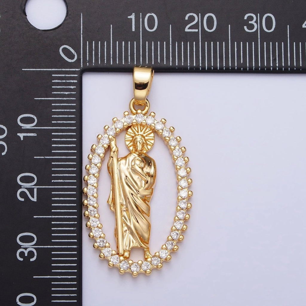 Gold, Silver Religious Saint St. Jude Thaddaeus Open Micro Paved CZ Oval Pendant | AA401 AA402