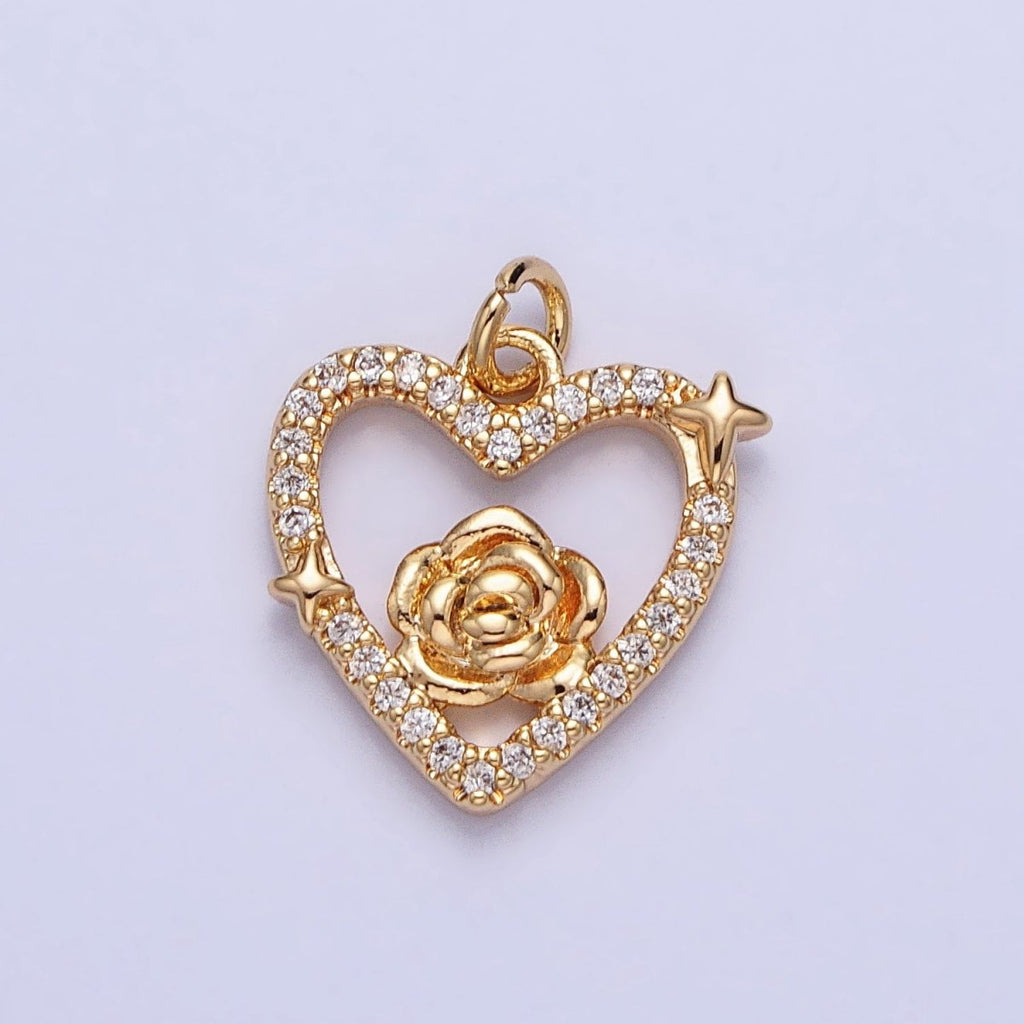 Gold, Silver Rose Star Micro Paved Open Heart Charm | AC717 AC718