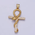 Gold, Silver Snake Ankh Egyptian Clear Micro Paved CZ Cross Pendant | AA392 AA411