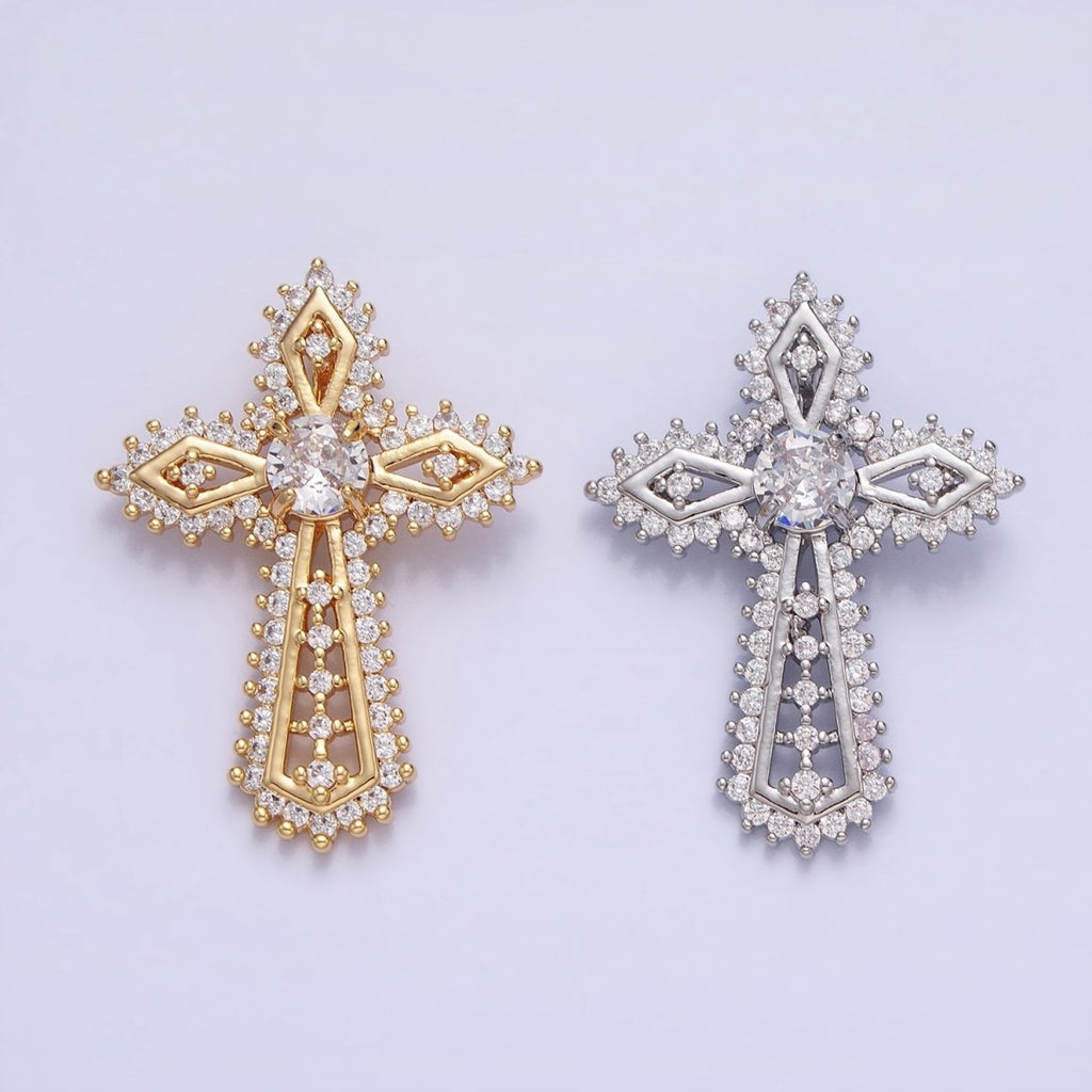 Gold, Silver Statement Religious Cross Micro Paved CZ Pendant | AA219 AA220