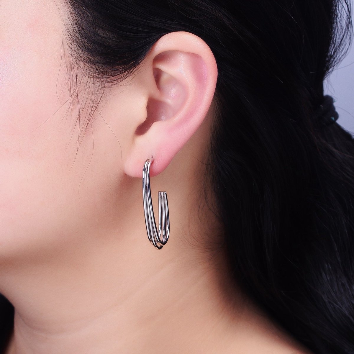 Gold, Silver 40mm Triple Band J-Shaped Geometric Hoop Earrings | AB627 AB628