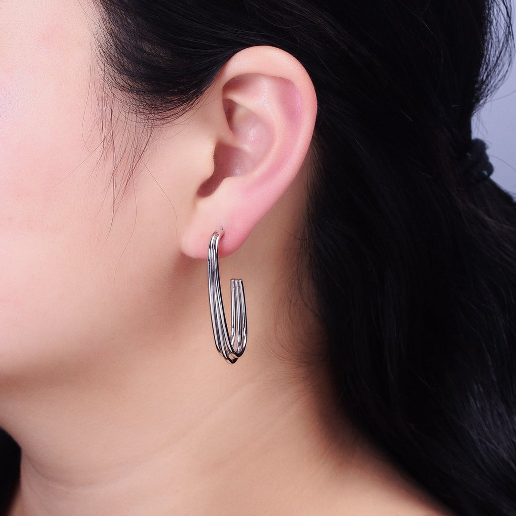 Gold, Silver Triple Band 40mm J - Shaped Geometric Hoop Earrings | AB627 AB628 - DLUXCA