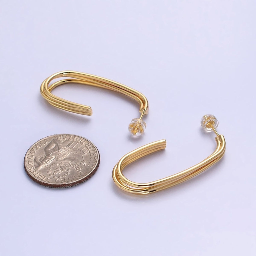 Gold, Silver 40mm Triple Band J-Shaped Geometric Hoop Earrings | AB627 AB628