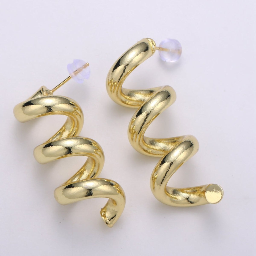 Gold Spiral Earrings, Gold Stud Earrings, Gold Corkscrew Earrings, Gold Chunky Earrings Bold Statement Jewelry Q-340 - DLUXCA