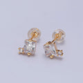 Gold Square Stud Earrings Princess Cut Cubic Zirconia Stones T-385 T-386