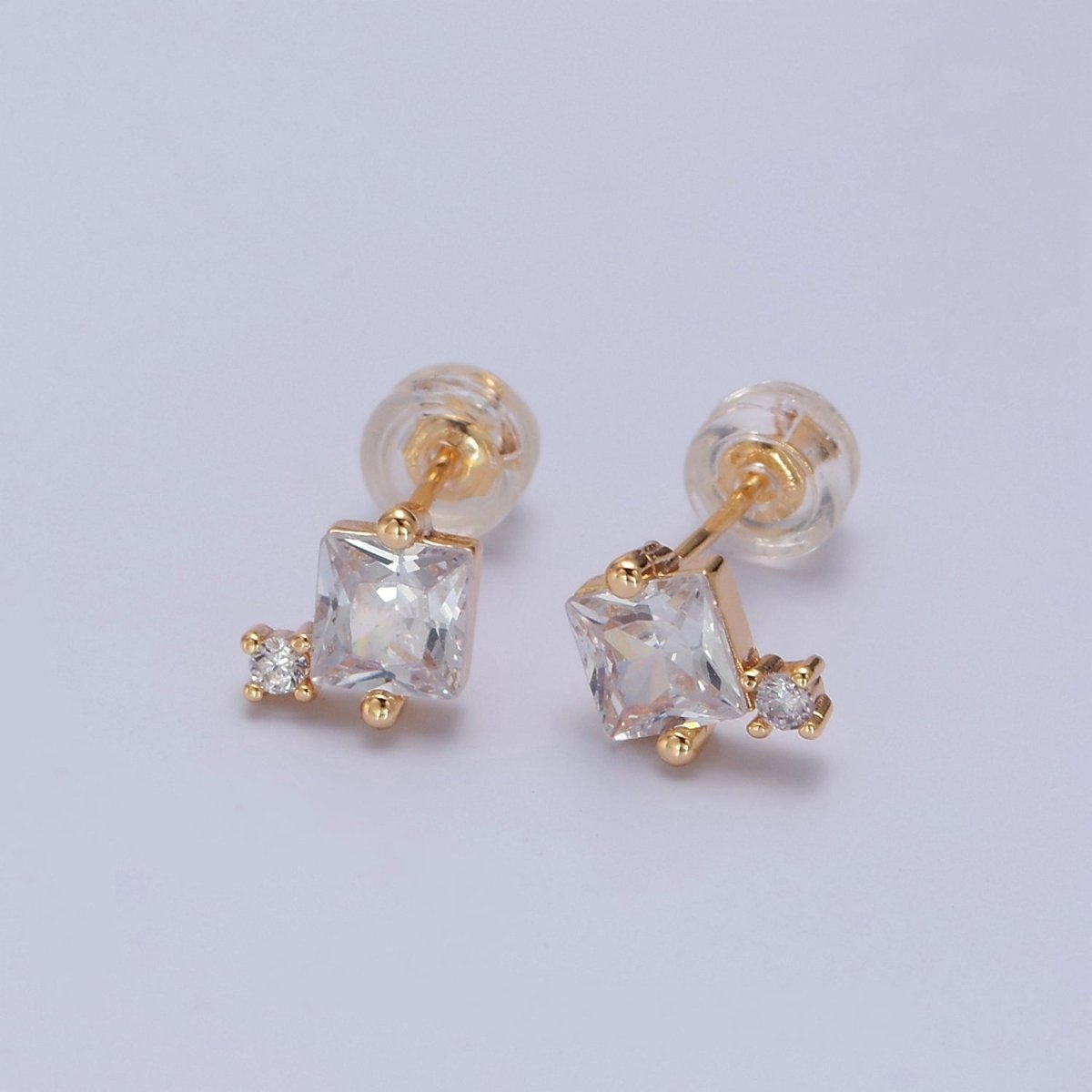 Gold Square Stud Earrings Princess Cut Cubic Zirconia Stones T-385 T-386