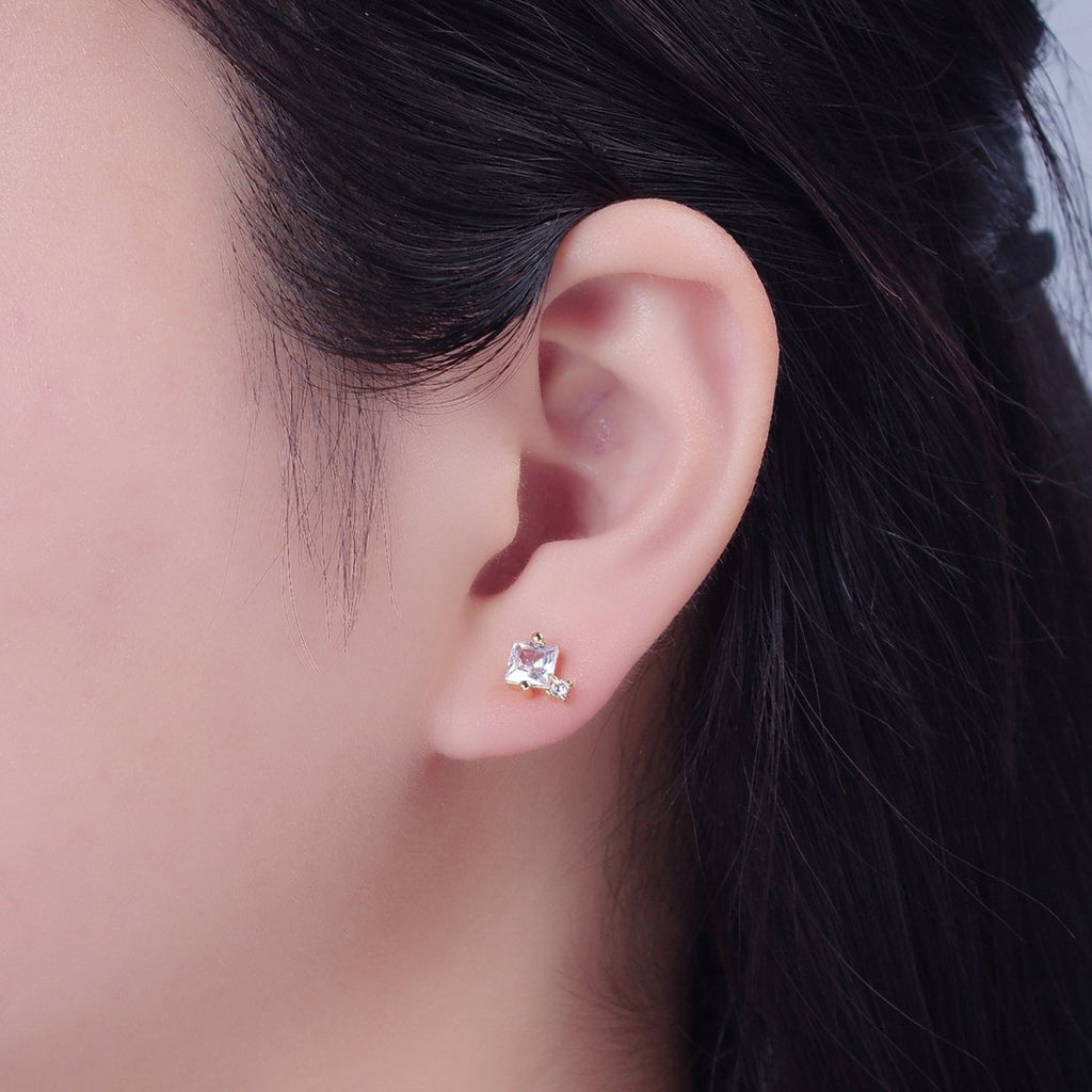 Gold Square Stud Earrings Princess Cut Cubic Zirconia Stones T-385 T-386