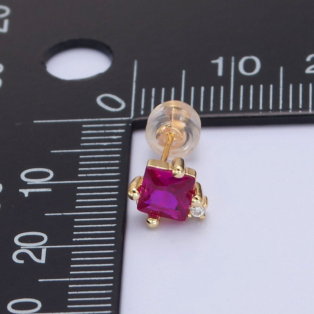 Gold Square Stud Earrings Princess Cut Cubic Zirconia Stones T-385 T-386
