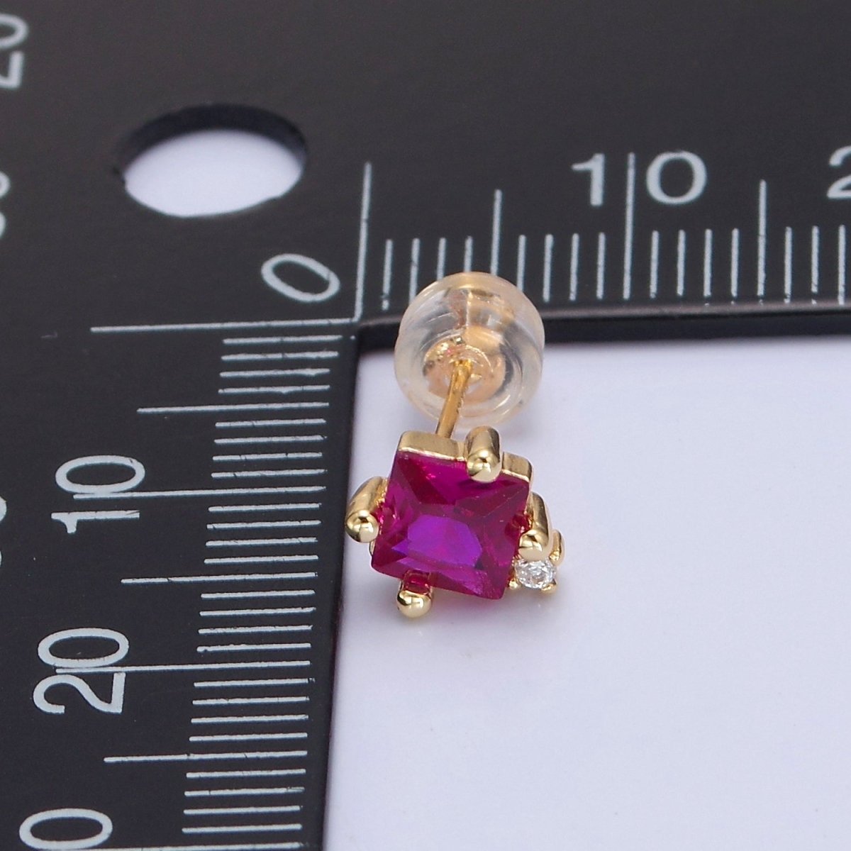 Gold Square Stud Earrings Princess Cut Cubic Zirconia Stones T-385 T-386